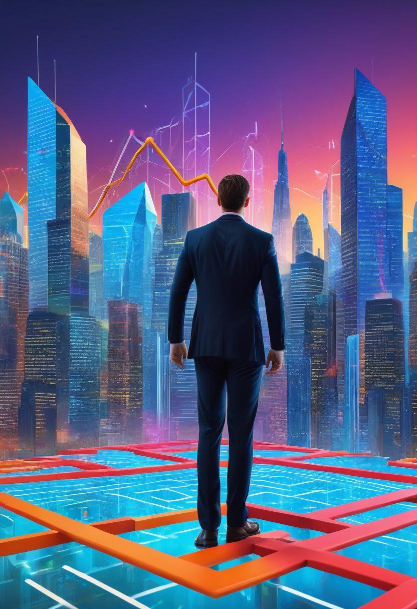 A financial advisor confidently guiding a diverse group of investors through a maze of obstacles symbolizing risks, with towering graphs showing asset growth in the background. The setting includes vibrant cityscapes and digital screens displaying market trends, creating a dynamic atmosphere. Bright colors emphasize optimism and clarity. super-realistic. vibrant colors. 3D.