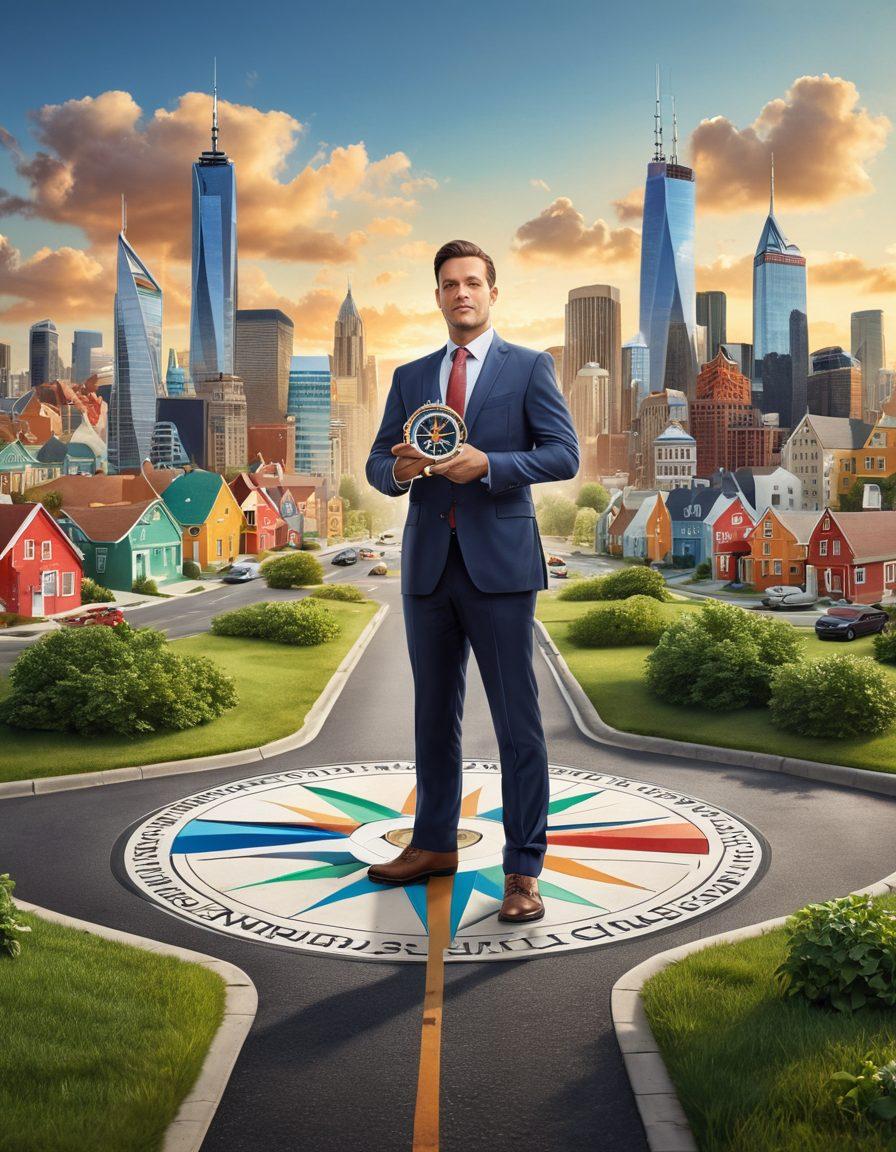 A confident individual standing at a crossroads, holding a compass that symbolizes financial direction, surrounded by diverse icons of insurance and investment—such as houses, cars, protective shields, and stacks of coins—against a backdrop of a vibrant city skyline representing growth and opportunity. super-realistic. vibrant colors. white background.
